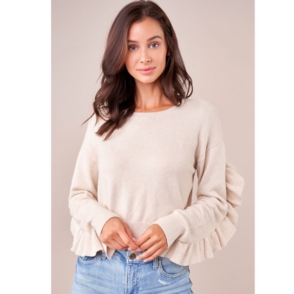 Oatmeal Color Ruffle Detail Sweater - Picture 1 of 5